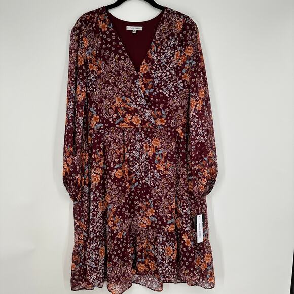 Sandra Darren Wine Floral Long Sleeve Surplice Bust New Dress Womens Plus Sz 16 - Picture 1 of 11